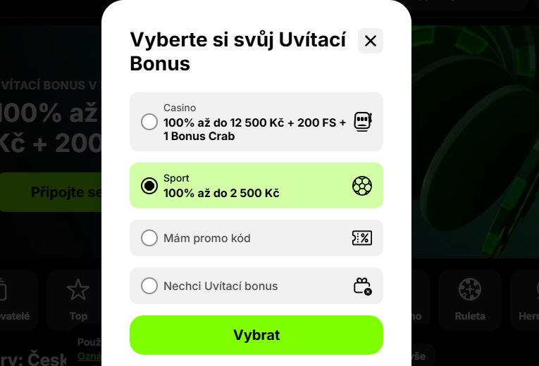 Vyberte si uvítací bonus pro casino nebo sport při registraci v několika jednoduchých krocích